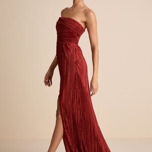 Lulu's Poised Performance Rust Red Plisse One-Shoulder Maxi Dress